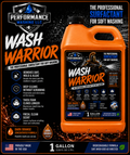 A 1 gallon bottle of Performance Washing LLC Wash Warrior soft washing surfactant in dark orange, shown on a black promotional background with product details and benefits.